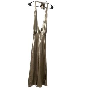 Anthropologie Du Paradis Metallic Gold Halter Neck Maxi Dress Backless Gown Sz S